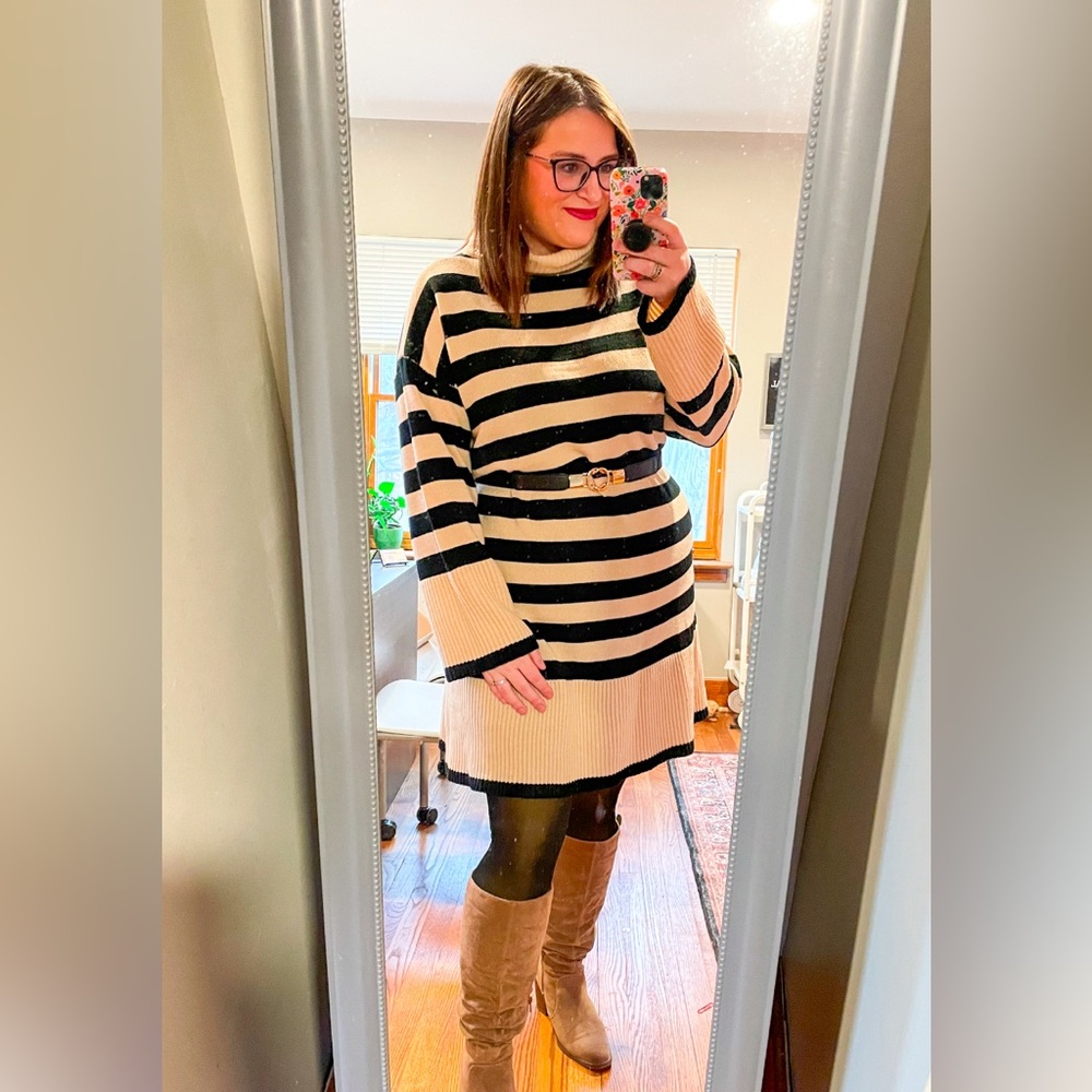 Striped Black and Cream Sweater Dress
